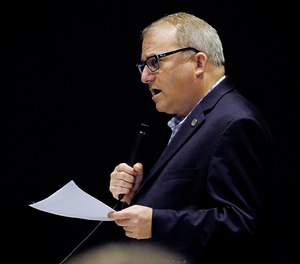 Sen. Adam Ebbin, D-Alexandria, presents SB1406, his bill legalizing marijuana, as debate continued on legislation during the floor session of the Virginia Senate inside the Science Museum of Virginia in Richmond, Va., Friday, Feb. 5, 2021.