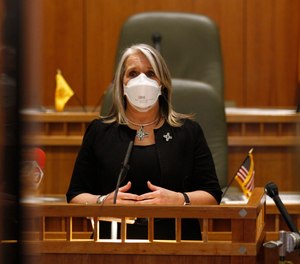 Gov. Michelle Lujan Grisham speaks following the end of New Mexico's annual legislative session on Saturday, March 20, 2021, in Santa Fe, New Mexico.