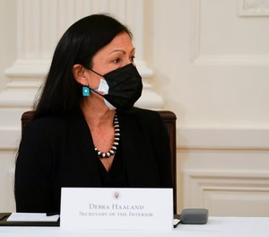 Secretary of the Interior Secretary Deb Haaland attends a Cabinet meeting with President Joe Biden in the East Room of the White House, Thursday, April 1, 2021, in Washington.