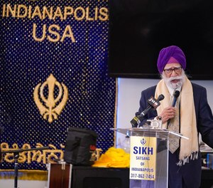 K.P. Singh speaks to members of the Sikh Coalition as they gather at the Sikh Satsang of Indianapolis in Indianapolis, Saturday, April 17, 2021 to formulate the groups response to the shooting at a FedEx facility in Indianapolis that claimed the lives of four members of the Sikh community.