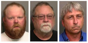 This combo of booking photos provided by the Glynn County, Ga., Detention Center, shows from left, Travis McMichael, his father Gregory McMichael, and William