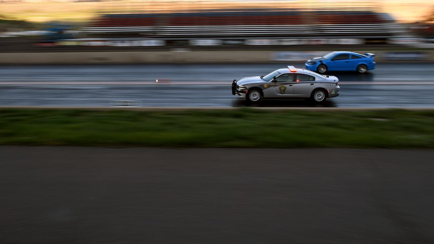 Colorado State Patrol Trooper Josh Lewis races at Bandimere Speedway west of Denver on Wednesday, May 5, 2021.