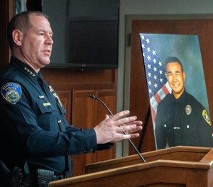 Stockton Police Chief Eric Jones speaks at a news conference at Police headquarters in downtown Stockton about officer Jimmy Inn who was shot and killed in the line of duty while on a domestic abuse call on La Cresta Way in Stockton on Tuesday, May 11, 2021.