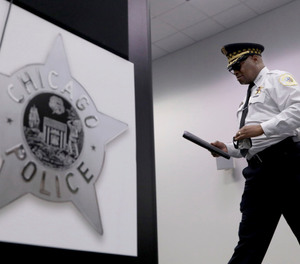 Chicago Police Superintendent David Brown arrives for a press conference at police headquarters, Wednesday, May 26, 2021, in Chicago, on the police department's new draft of a foot pursuit policy.