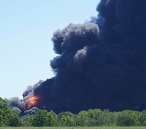 Flames and smoke are seen from an explosion at a chemical plant in Rockton, Ill.