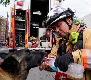 District of Columbia Fire and EMS Chief Chris Holmes gives Search and Rescue K-9 Kimber water after they helped locate a person who was trapped in a building that collapsed Thursday, July 1, 2021, in Washington. Fire officials said the building was under construction and fully collapsed.