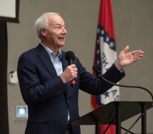 In this July 15, 2021 file photo, Arkansas Gov. Asa Hutchinson speaks during a town hall meeting in Texarkana, Ark.