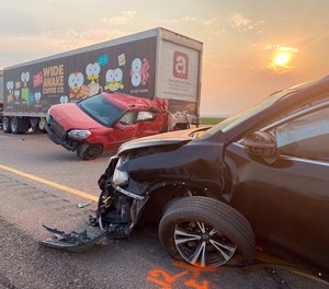 This photo provided by the Utah Highway Patrol and posted on the Utah Department of Public Safety website shows several of the vehicles involved in a fatal pileup, Sunday, July 25, 2021, on Interstate 15 in Millard County, near the town of Kanosh, Utah.