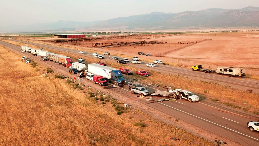 This photo provided by the Utah Highway Patrol and posted on the Utah Department of Public Safety website shows the scene of a fatal pileup, Sunday, July 25, 2021, on Interstate 15 in Millard County, near the town of Kanosh, Utah.