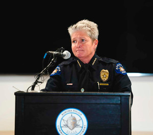 Aurora Police Chief Vanessa Wilson takes questions from reporters at a press conference at City Hall, Tuesday, July 27, 2021, in Aurora, Colo. Wilson pressed for criminal charges to be filed against two Aurora Police Department officers after a man was choked and pistol-whipped during an arrest.