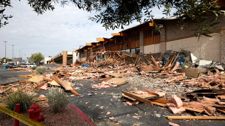 A view of a La Bonita supermarket after the storefront collapsed in Las Vegas, Friday, Aug. 13, 2021. Authorities say several people were treated for unspecified minor injuries after the storefront collapse at the supermarket.