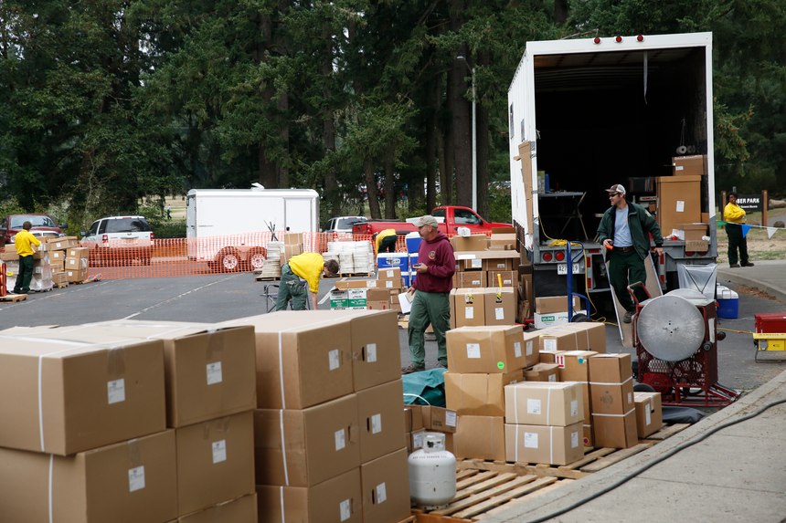 Supplies are gathered at the 36 Pit fire camp supply area near Estacada, Ore.