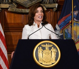 New York Gov. Kathy Hochul speaks to reporters after a ceremonial swearing-in ceremony at the state Capitol, Tuesday, Aug. 24, 2021, in Albany, N.Y.