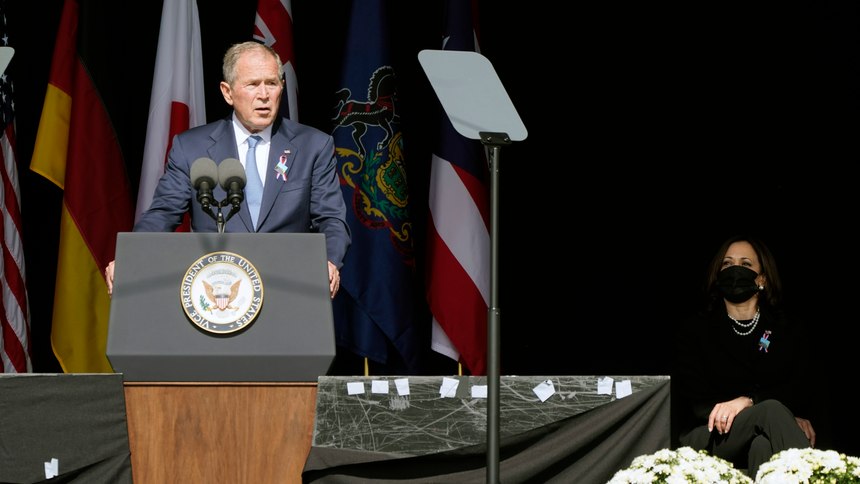 Former President George W. Bush speaks during a memorial for the passengers and crew of United Flight 93, Saturday Sept. 11, 2021, in Shanksville, Pa., on the 20th anniversary of the Sept. 11, 2001 attacks, as Vice President Kamala Harris looks on, right.