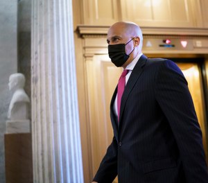 Sen. Cory Booker, D-N.J., arrives at the Senate chamber at the Capitol in Washington, Wednesday, Sept. 22, 2021, after bipartisan congressional talks on overhauling policing practices ended without an agreement.