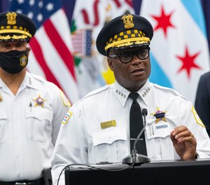 In this Sunday, Aug. 8, 2021, file photo, Chicago Police Superintendent David Brown speaks during a news conference at police headquarters.