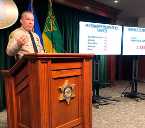 Los Angeles County Sheriff Alex Villanueva announces he will not enforce the county's vaccine mandate and claimed his employees will leave the agency in droves rather than get their shots during a news conference in Los Angeles, Tuesday, Nov. 2, 2021.