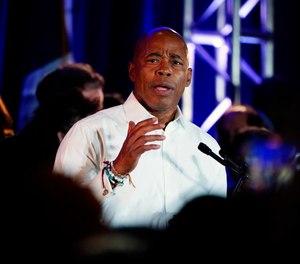 New York City Mayor-elect Eric Adams speaks to supporters, late Tuesday, Nov. 2, 2021, in New York.