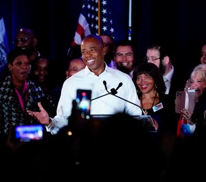 New York City Mayor-elect Eric Adams speaks to supporters, late Tuesday, Nov. 2, 2021, in New York.