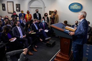 Dr. Anthony Fauci, director of the National Institute of Allergy and Infectious Diseases, spoke during the daily briefing at the White House in Washington on Wednesday.