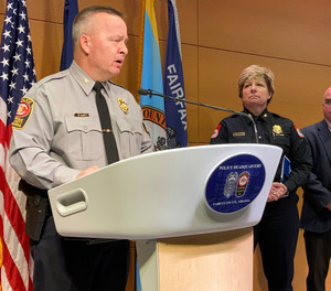 Fairfax County Police Chief Kevin Davis, left, joined by Harrisonburg Police Chief Kelley Warner speak about murder charges against suspected serial killer Anthony Robinson, 35, during a press conference, Friday, Dec. 17, 2021, in Fairfax, Va.