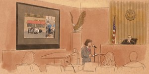 In this courtroom sketch, Samantha Trepel, who works for the Justice Department's civil rights division, makes opening arguments during the trial for three former Minneapolis police officers charged with violating George Floyd's civil rights before U.S. District Judge Magnuson on Monday.