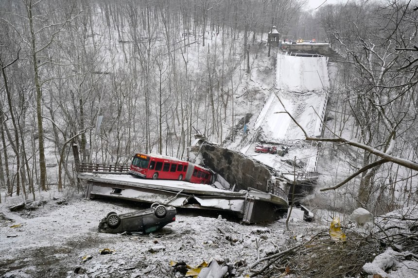 A two-lane bridge collapsed in Pittsburgh early Friday, Jan. 28, prompting rescuers to rappel nearly 150 feet (46 meters) while others formed a human chain to help rescue multiple people from a dangling bus.