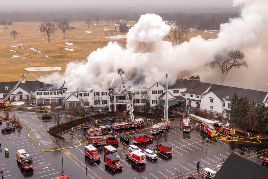 Firefighters battled a fire at the Oakland Hills Country Club in Bloomfield Hills, Mich., on Feb. 17.