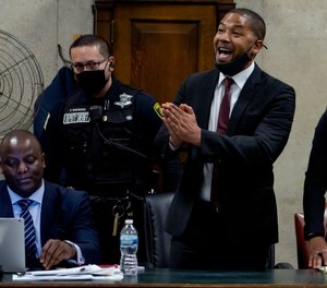Actor Jussie Smollett speaks to Judge James Linn after his sentence is read at the Leighton Criminal Court Building, Thursday, March 10, 2022, in Chicago. Smollett maintained his innocence during his sentencing hearing Thursday after a judge sentenced the former “Empire” actor to 150 days in jail for lying to police about a racist and homophobic attack that he orchestrated himself.