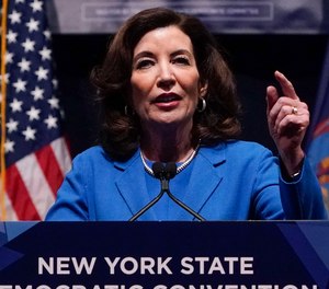 New York Governor Kathy Hochul speaks during the New York State Democratic Convention in New York, Thursday, Feb. 17, 2022. Two years into New York’s bold quest to eliminate pretrial incarceration for most crimes, state officials are considering abandoning some reforms amid public pressure to curb rising violence.