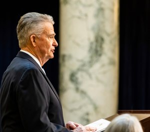 Idaho Gov. Brad Little delivers his State of the State address inside the House Chambers at the state Capitol building, onJan. 10, 2022, in Boise, Idaho.