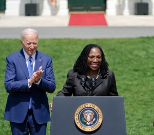 Judge Ketanji Brown Jackson speaks during her confirmation on the South Lawn of the White House in Washington, Friday, April 8, 2022.