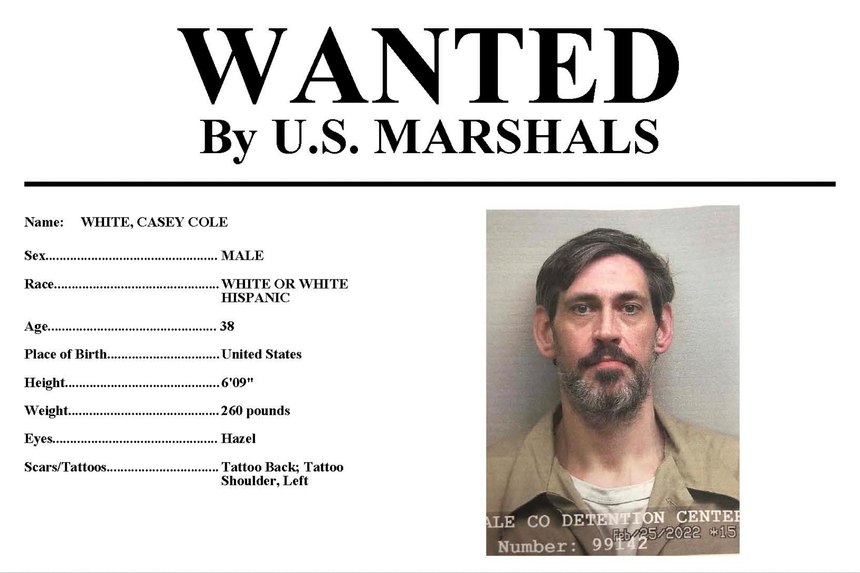 This image provided by the U.S. Marshals Service on Sunday, May 1, 2022 shows part of a wanted poster for Casey Cole White. On Sunday, the U.S. Marshals announced it is offering up to $10,000 for information about escaped inmate Casey Cole White, 38, and a “missing and endangered” correctional officer, Vicky White, 56, who disappeared Friday after they left the Lauderdale County Detention Center in Florence, Ala.