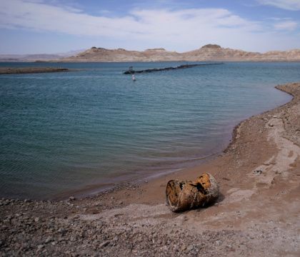 Rusting debris that used to be underwater sits above the water level on Lake Mead.