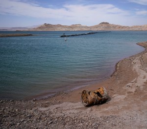 Rusting debris that used to be underwater sits above the water level on Lake Mead.
