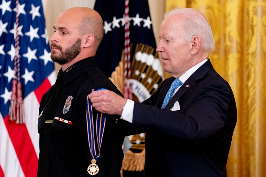 President Joe Biden awards Pensacola, Fla., Police Officer Anthony Giorgio the Public Safety Officer Medal of Valor.