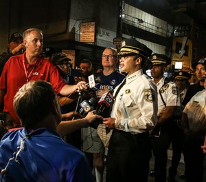 Police Commissioner Danielle Outlaw, Mayor Jim Kenney left and Attorney General Josh Shapiro right talk outside Jefferson University Hospital about two police offers that were shot on the parkway during the fireworks celebration on Monday, July 4, 2022.