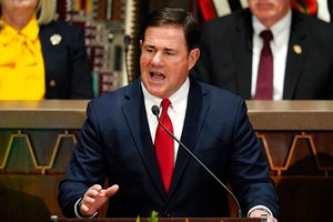 Arizona Republican Gov. Doug Ducey gave his most recent State of the State address at the Arizona Capitol on Jan. 10, 2022, in Phoenix. Last week, his office announced that the state is allocating $26 million to organizations that support the health and well-being of first responders and veterans.