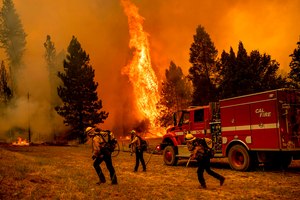 Firefighters worked on the Oak Fire in Mariposa County, Calif., on Saturday.