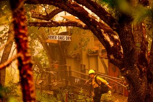 A firefighter battling the McKinney Fire protected a cabin in Klamath National Forest, Calif., on Sunday.
