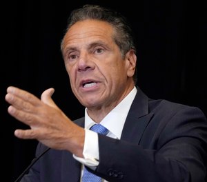 Former New York Gov. Andrew Cuomo speaks during a news conference at New York's Yankee Stadium, Monday, July 26, 2021.