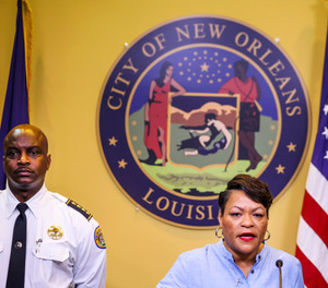 New Orleans Mayor LaToya Cantrell speaks at a news conference with New Orleans Police Department Superintendent Shaun Ferguson at City Hall in New Orleans, Thursday, Aug. 4, 2022.