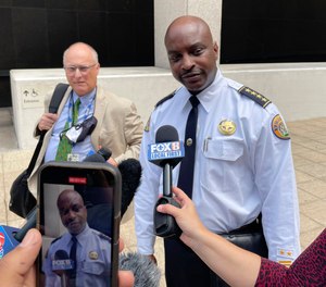 New Orleans Police Superintendent Shaun Ferguson talks to reporters outside the federal courthouse in New Orleans on Aug. 17, 2022.