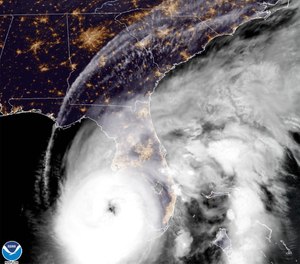 This satellite image provided by NOAA shows Hurricane Ian off Florida's southwest coast Wednesday, Sept. 28, 2022.