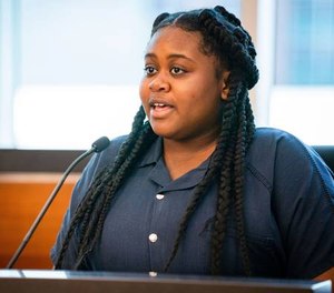 Pieper Lewis gives her allocution during a sentencing hearing Sept. 13, 2022, in Des Moines, Iowa.
