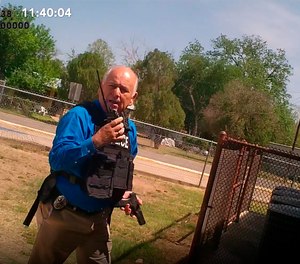 This image from video released by the City of Uvalde, Texas shows city police Lt. Mariano Pargas responding to a shooting at Robb Elementary School, on May 24, 2022 in Uvalde, Texas. Pargas was the acting chief for the city on the day of the shooting and was placed on administrative leave in July.