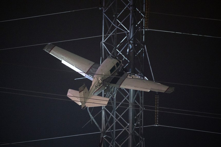 A small plane slammed into a power line tower in Maryland, injuring two people and leaving nearby residents without electricity.