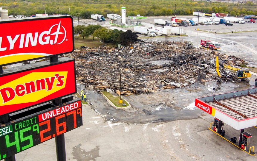 The remains of a combined Denny's restaurant and Pilot Flying J Travel Center near Interstate 10 are seen on Thursday.