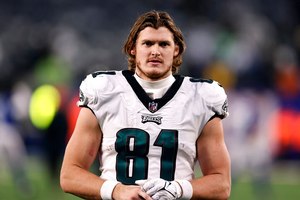Philadelphia Eagles tight end Grant Calcaterra walked off the field against the New York Giants during an NFL football game on Dec. 11 in East Rutherford, N.J. He said that firefighting reminded him of football. 