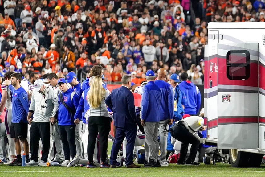 Buffalo Bills players and staffers prayed for Buffalo Bills' Damar Hamlin, whose heart stopped during the game Monday night. EMS providers treated him on the field.